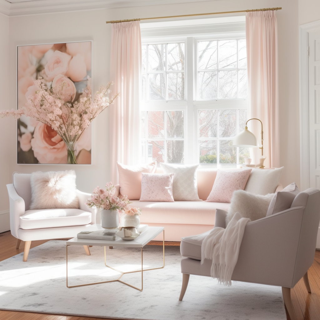 Beautifully staged living room with blush tones and natural light